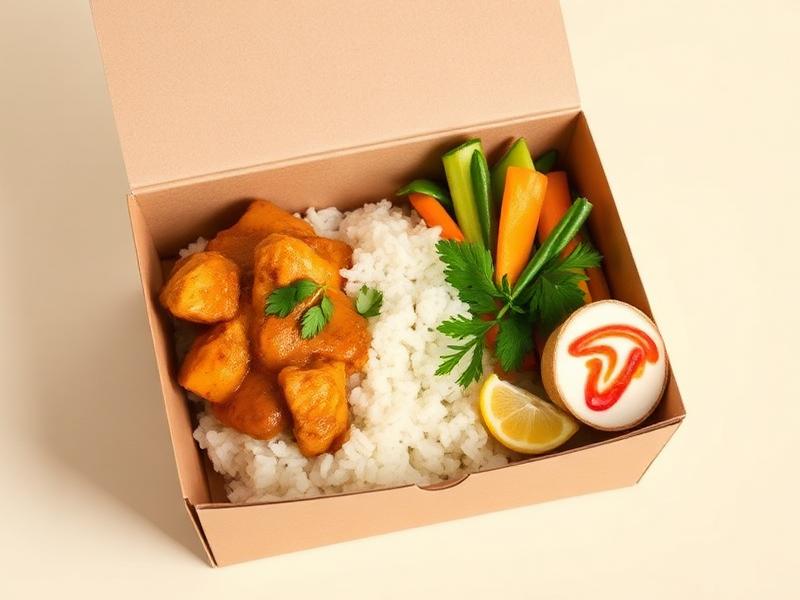 Individual bento box with curry chicken and rice