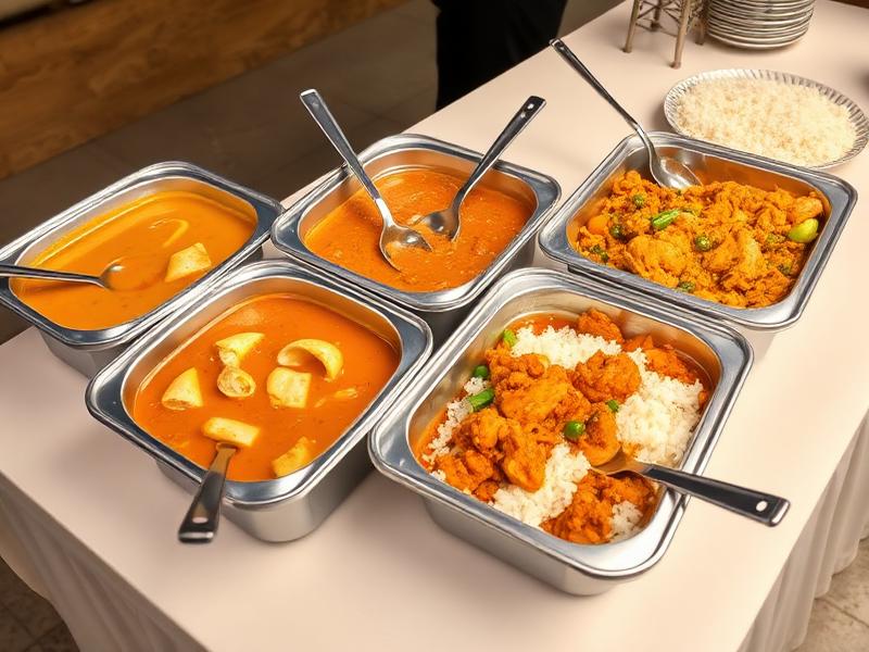 Buffet trays of curry chicken, laksa and rice