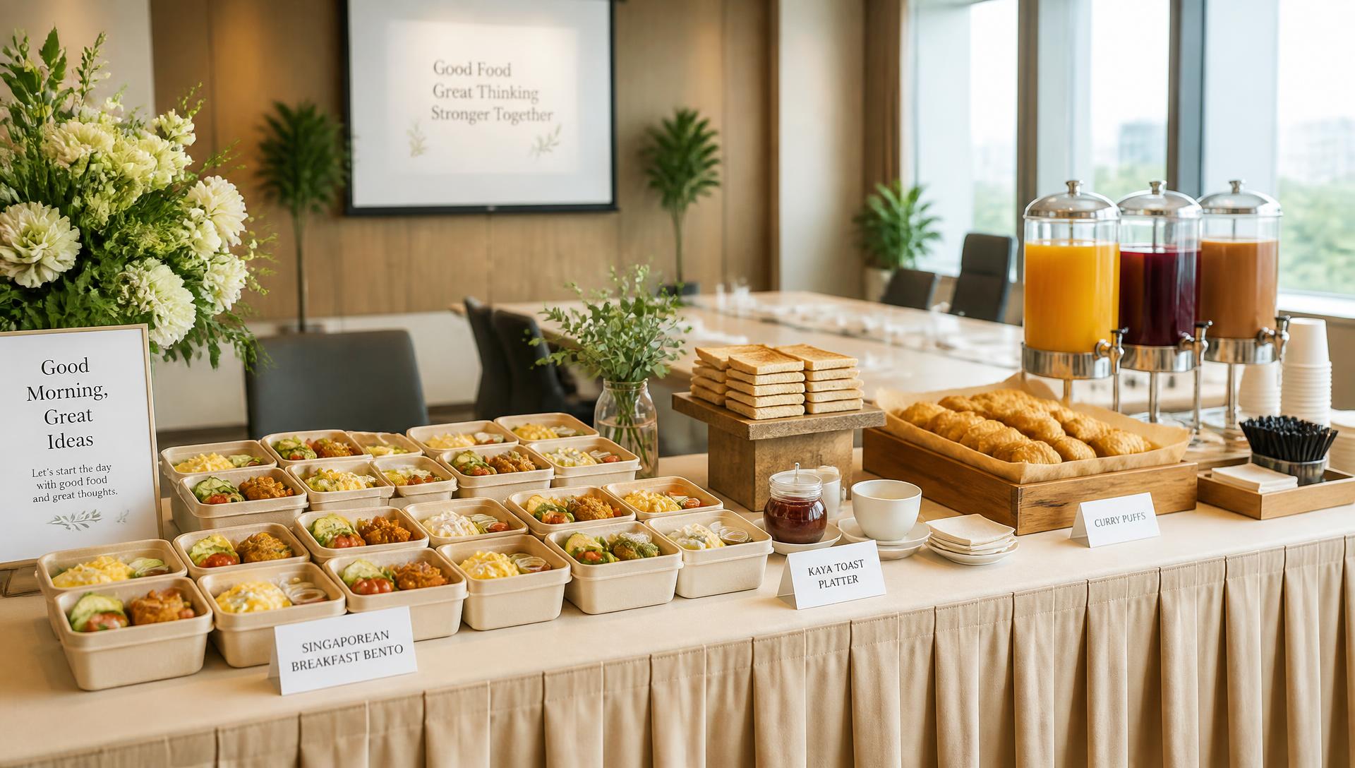 Catering spread of breakfast bentos and beverages in a meeting room