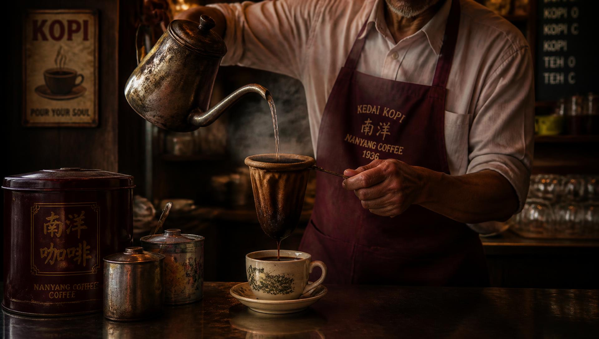 Nanyang coffee being brewed through a cloth sock filter