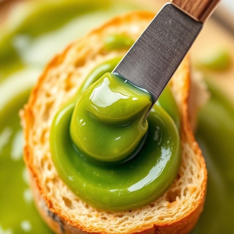 Pandan kaya being spread on warm toast