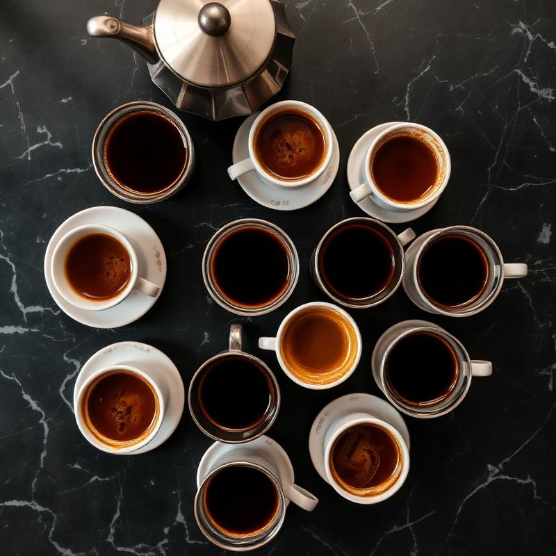 Cups of kopi and teh arranged on a marble table