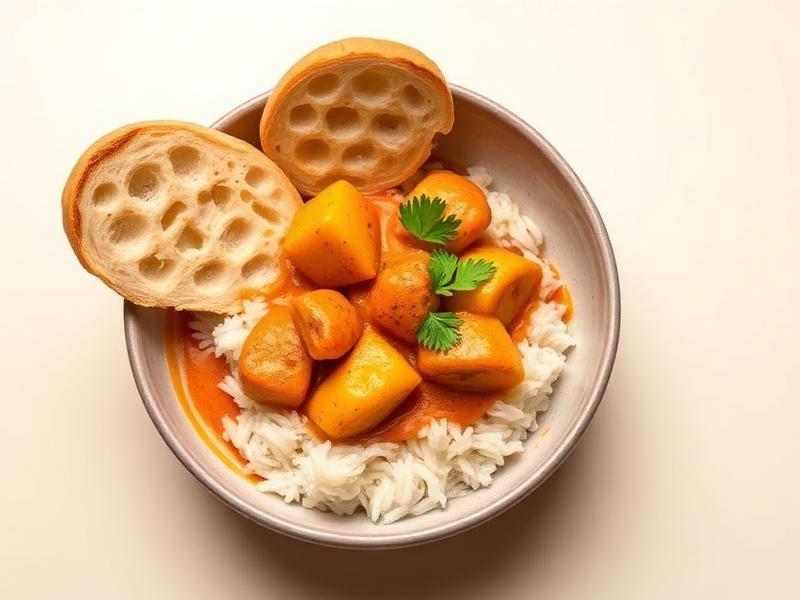 Bowl of Singapore curry chicken with potato and bread