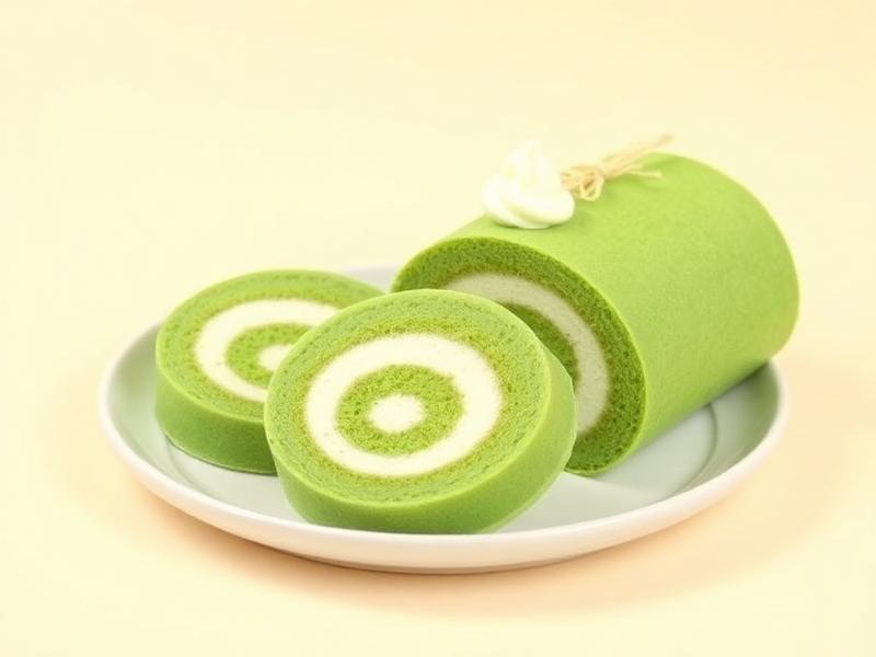 Slices of pandan kaya swiss roll on a plate