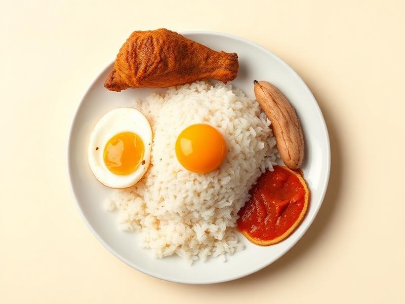 Plate of nasi lemak with fried chicken and sambal