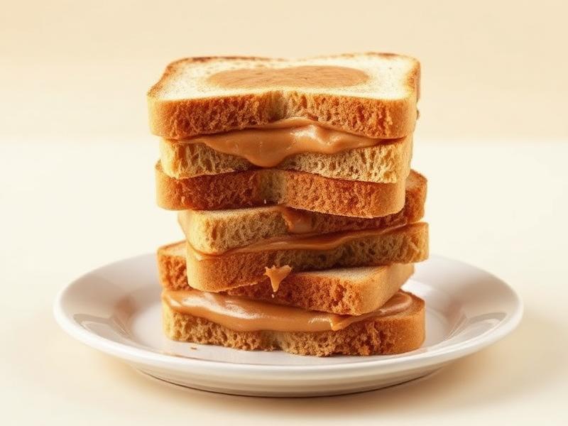 Stack of thick toast filled with peanut butter