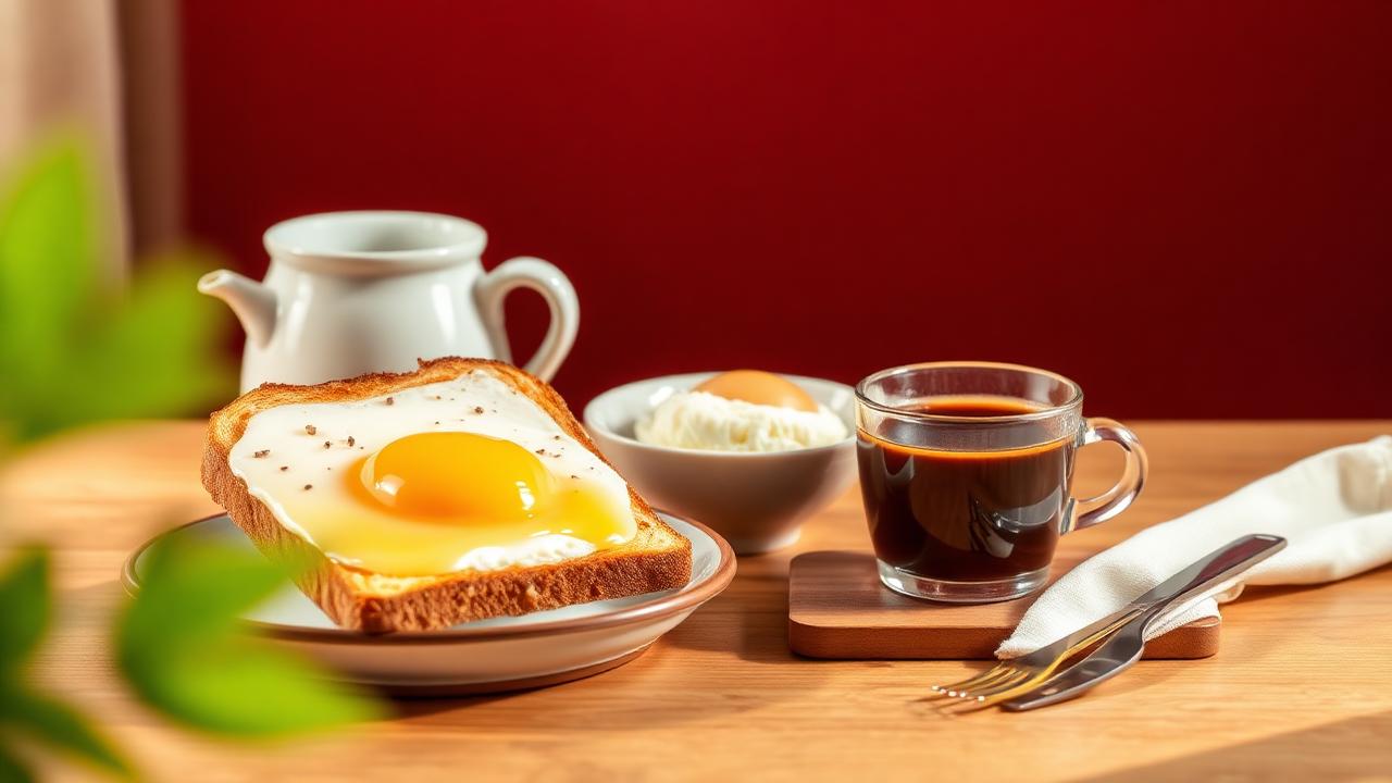 Kaya toast breakfast set with egg and coffee on a burgundy backdrop