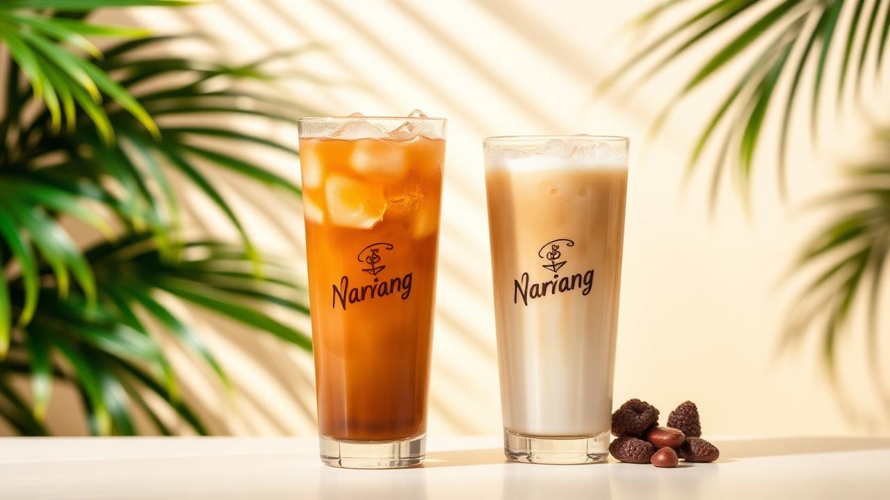 Two tall glasses of iced Nanyang coffee and tea