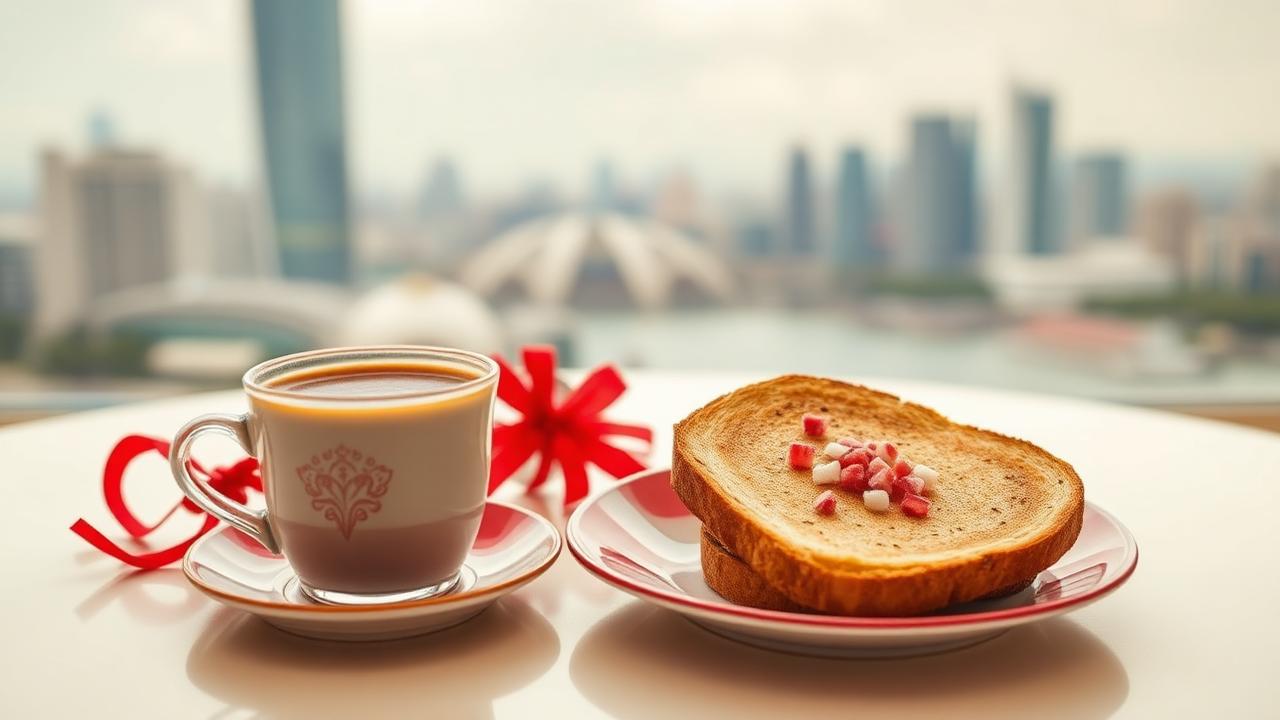 Festive National Day kopi and toast setting with Singapore skyline