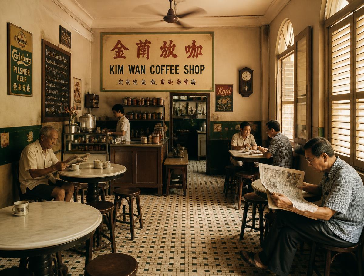 Interior of a traditional Singapore coffee shop with mosaic floors and marble tables